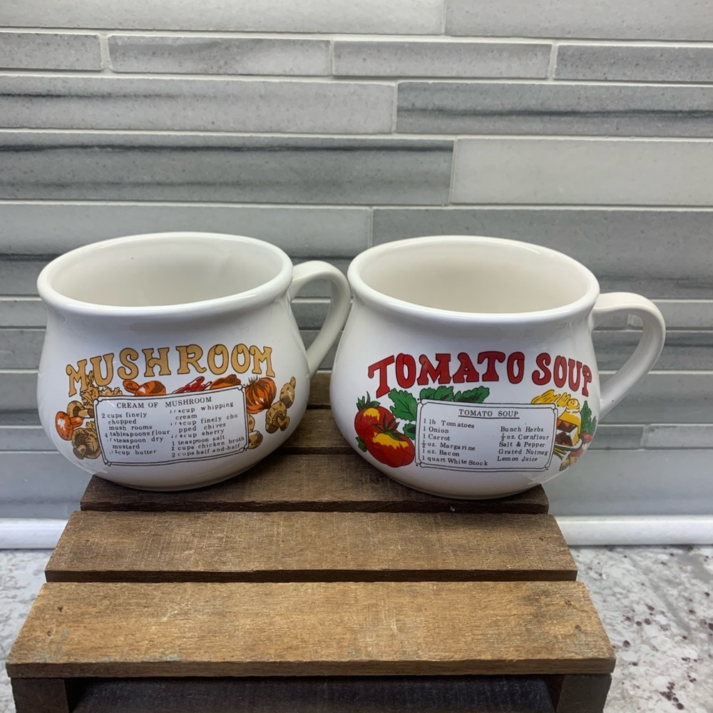 Set of Two Vintage Soup Bowls Tomato and Mushroom Soup